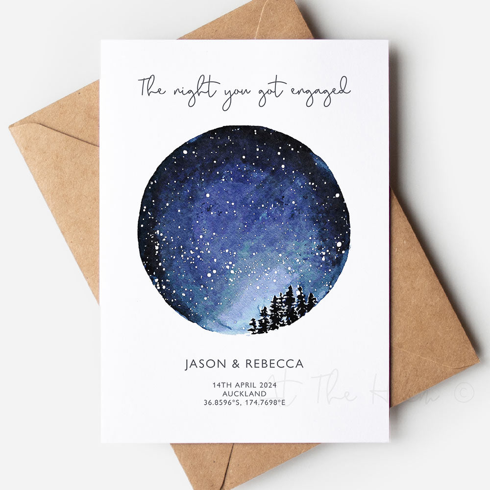 Star map greeting card that reads "the night you got engaged" - Unique handmade greeting cards from At The Helm NZ