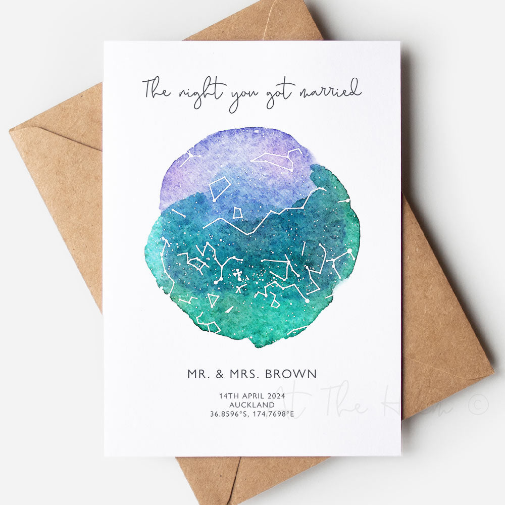 Star map greeting card that reads "the night you were married" - Unique handmade greeting cards from At The Helm NZ