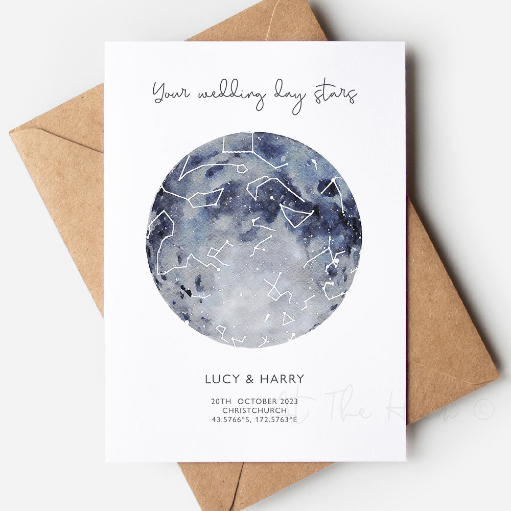 Star map greeting card that reads "your wedding day stars" - Unique handmade greeting cards from At The Helm NZ