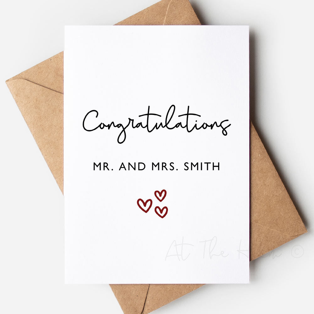 Personalised Minimalist Wedding Card  that reads "Congratulations Mr. and Mrs. Smith"- At The Helm NZ