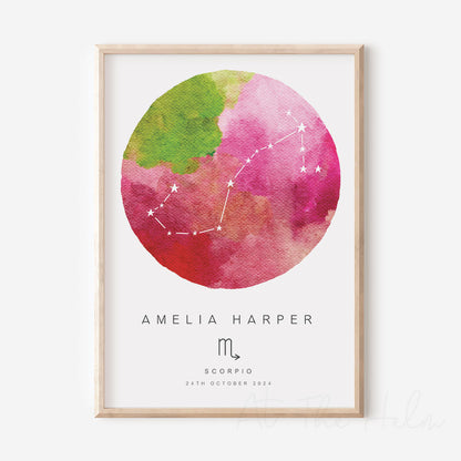 Watercolour Zodiac Constellation Birth Date Print