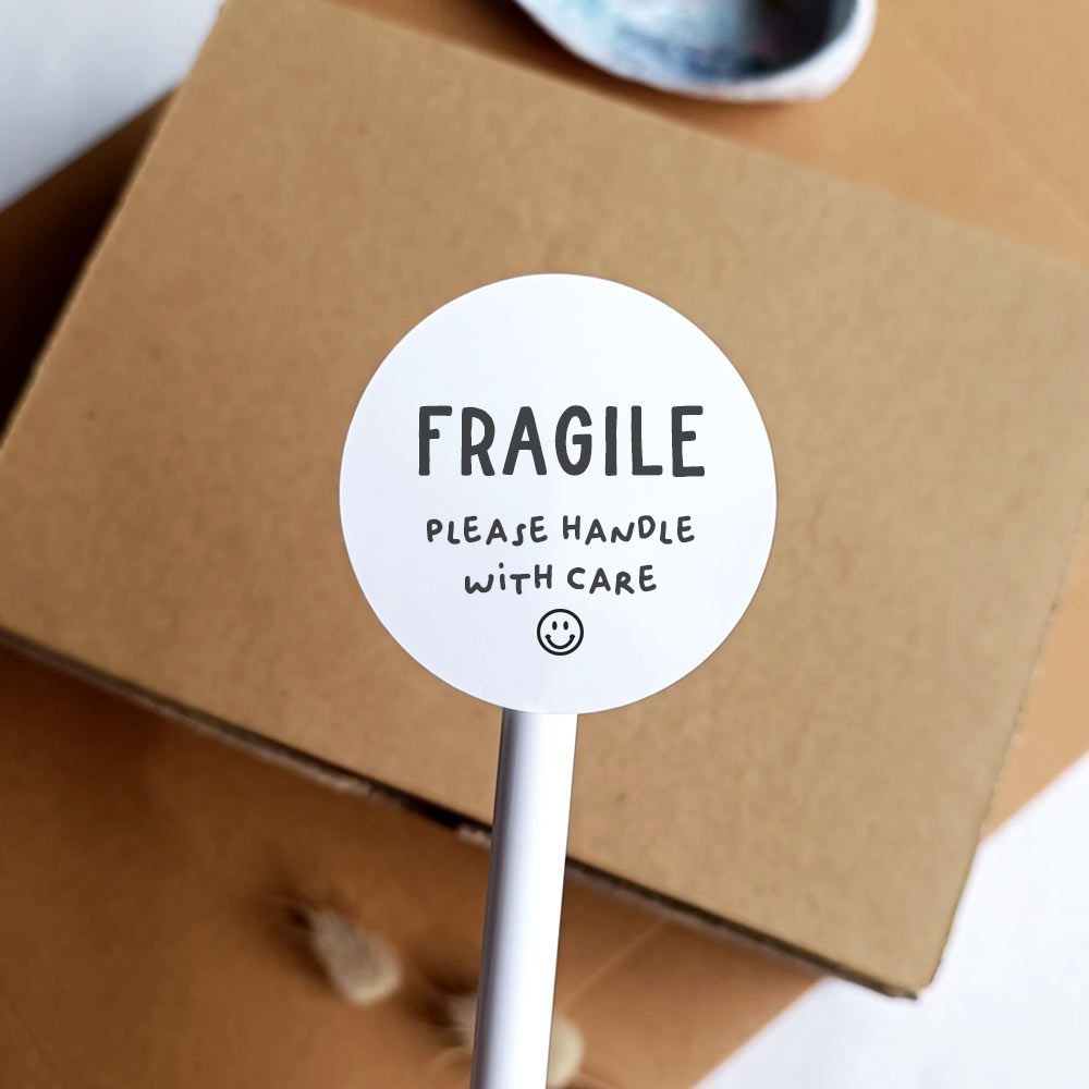 Fragile handle with care packaging sticker white - At The Helm NZ