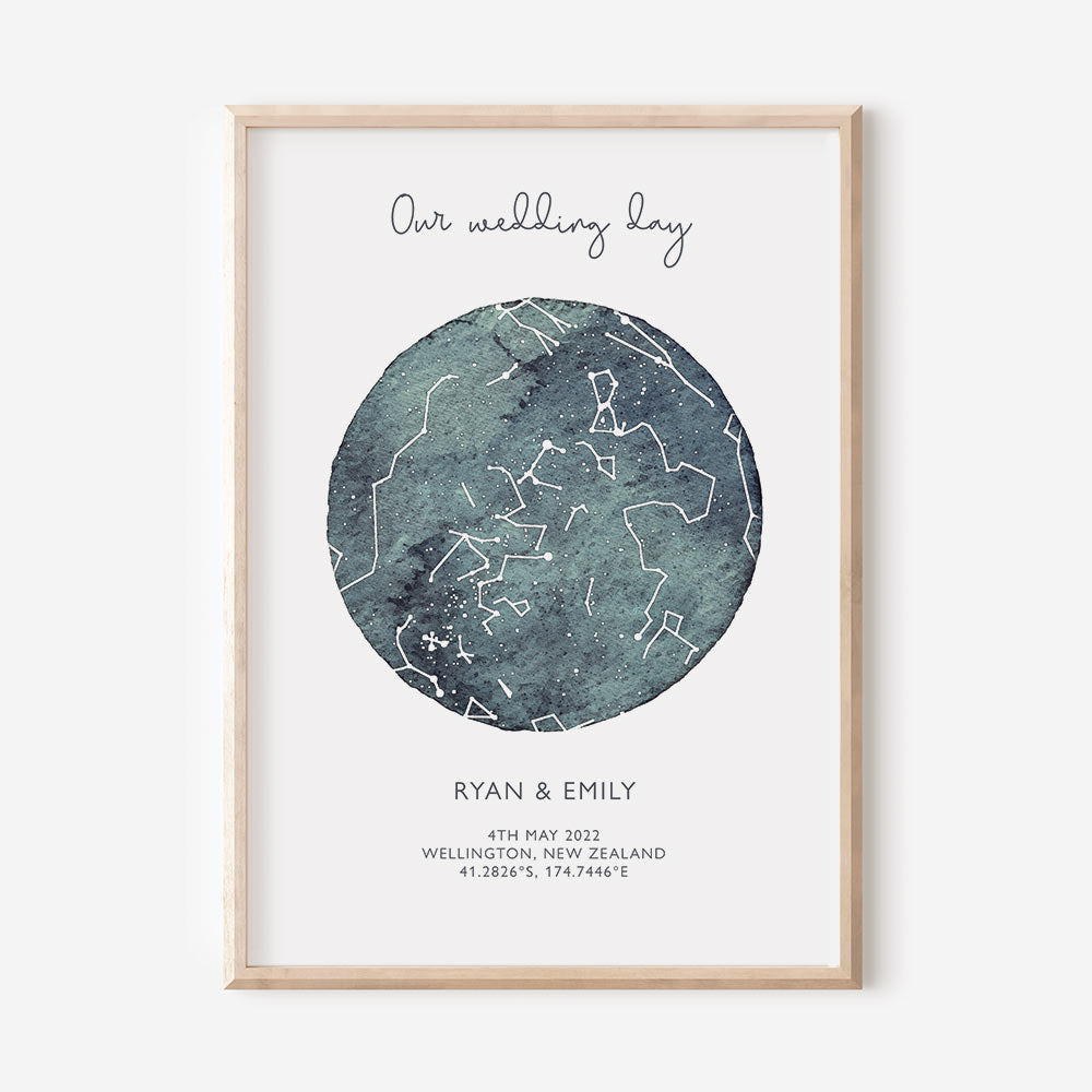 Couples Watercolour Star Map Print - At The Helm NZ