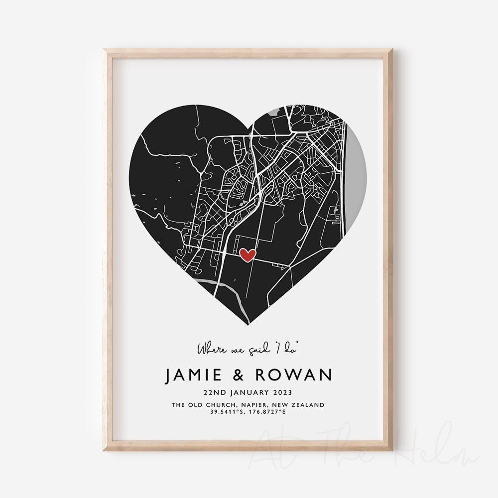 Couples Heart Custom Location Map Print - At The Helm NZ