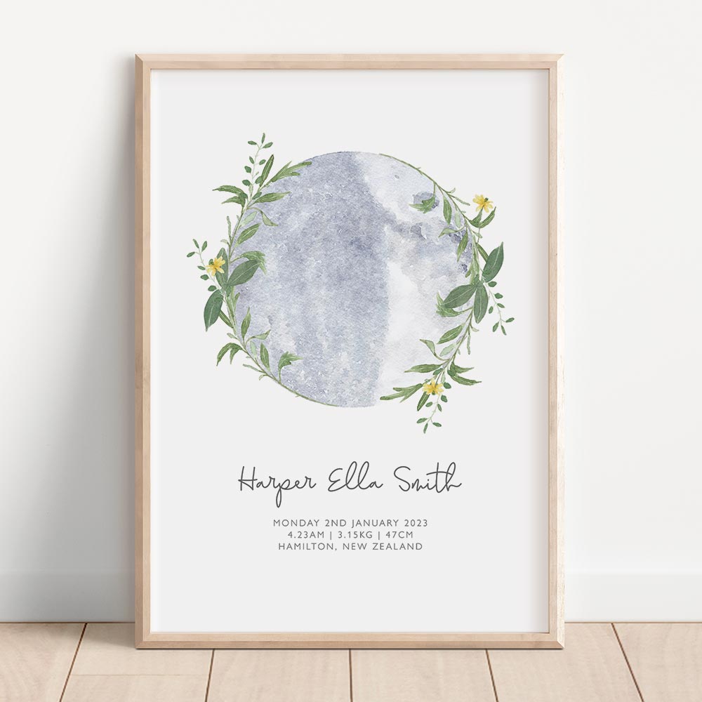 Moon and Flowers Birth Details Print - At The Helm NZ