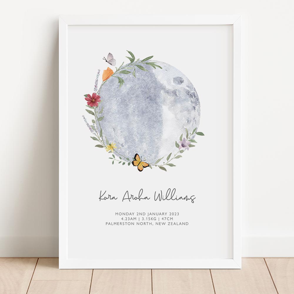 Moon and Flowers Birth Details Print - At The Helm NZ