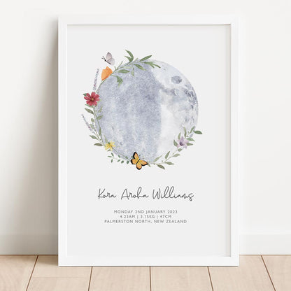 Moon and Flowers Birth Details Print - At The Helm NZ