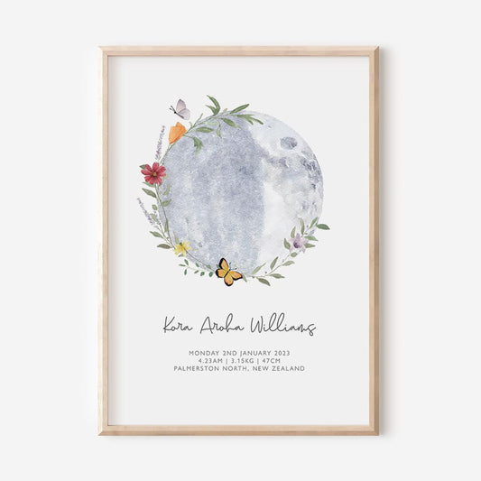 Moon and Flowers Birth Details Print - At The Helm NZ