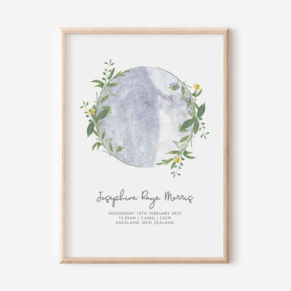 Moon and Flowers Birth Details Print - At The Helm NZ