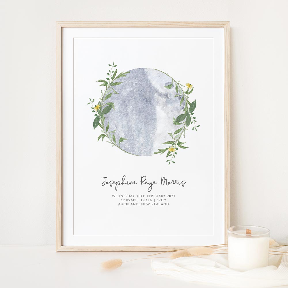 Moon and Flowers Birth Details Print - At The Helm NZ