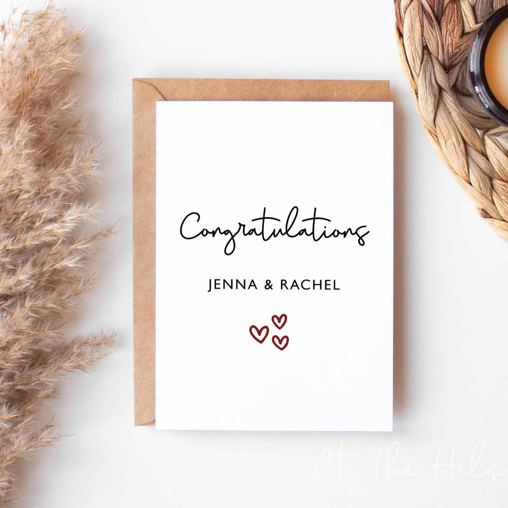 Personalised Minimalist Wedding Card  that reads "congratulations Jenna & Rachel - At The Helm NZ