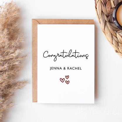 Personalised Minimalist Wedding Card  that reads "congratulations Jenna & Rachel - At The Helm NZ