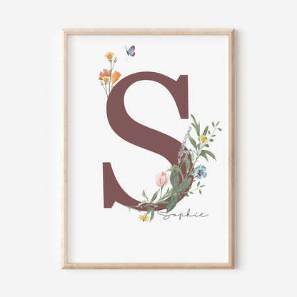 Custom Watercolour Floral Name Print - Nursery wall art nz - At The Helm