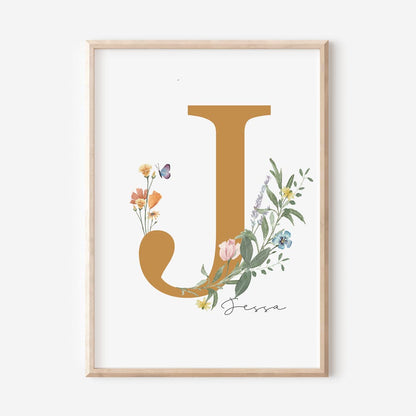 Custom Watercolour Floral Name Print - Nursery wall art nz - At The Helm