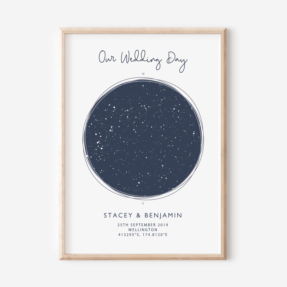 Map of the stars from a couples wedding day - Blue Star Map Print - At The Helm NZ